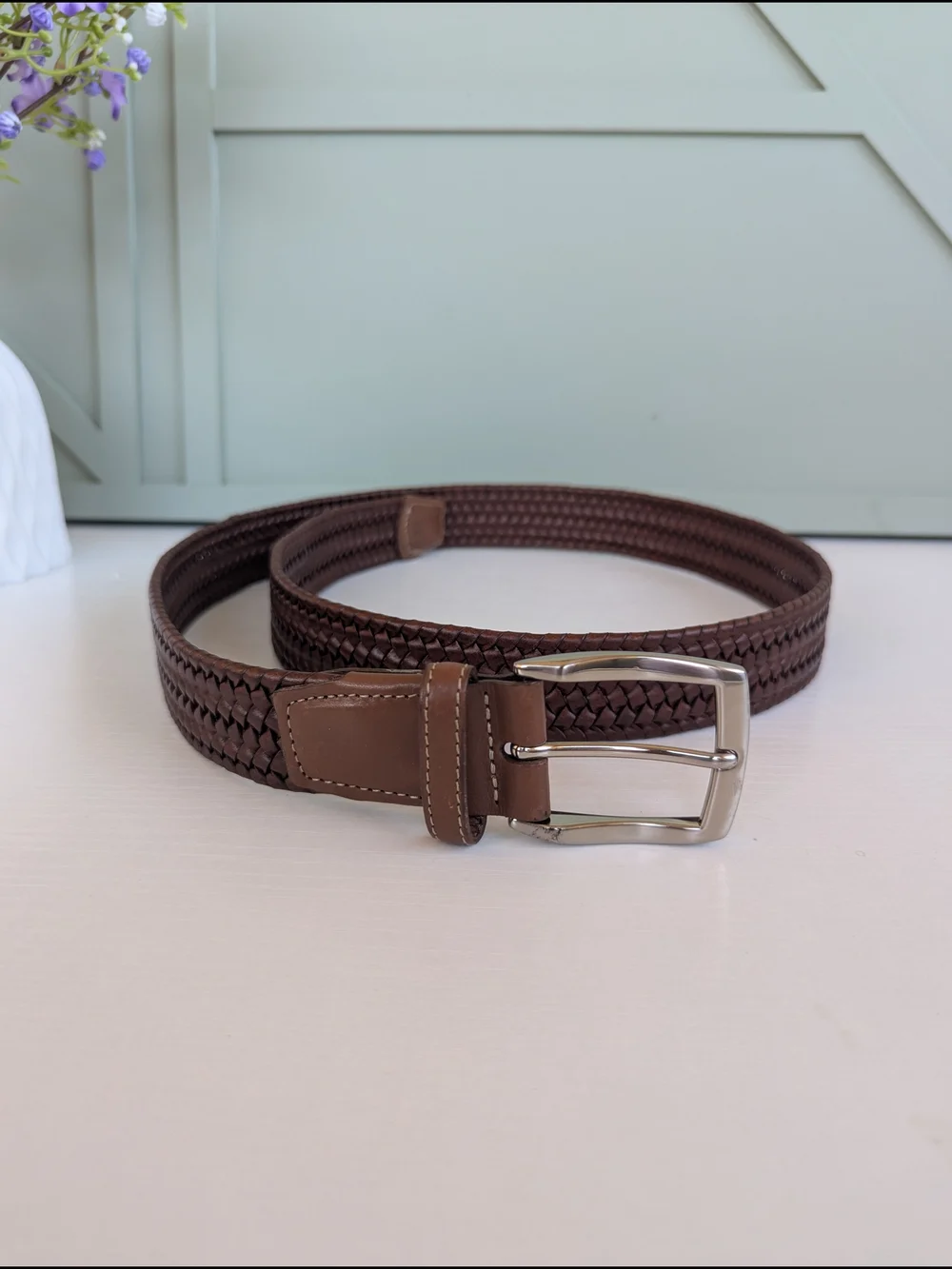 Men's Woven Brown Leather Belt with Polished Silver Buckle